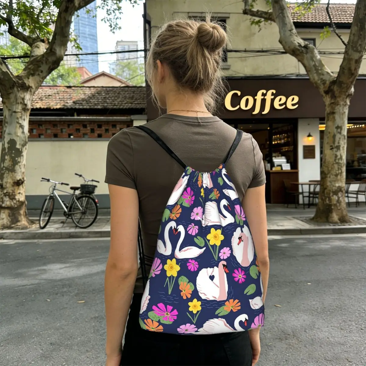 Cartoon Elegant White Swan Pattern Backpacks Multi-function Drawstring Bags Storage Bag Book Bags for Travel Students