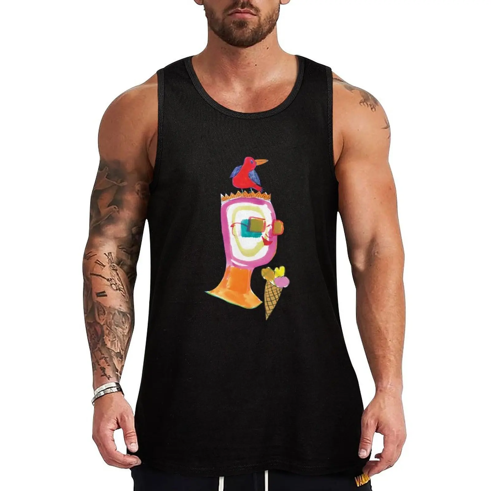 

happy summer image with sunglasses, icecream and a bird Tank Top Men's clothing gym shirt men Bodybuilding shirt T-shirts men