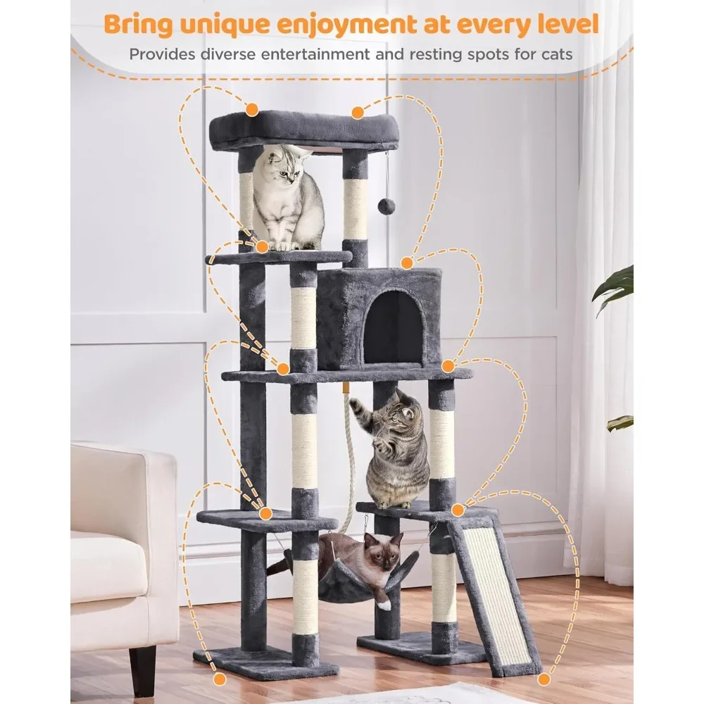 

Large Multi-Level Cat Tree, 63 Inches Tall with Sisal-Covered Scratching Posts, Hammock, Dangling Ball, and Extended Platform