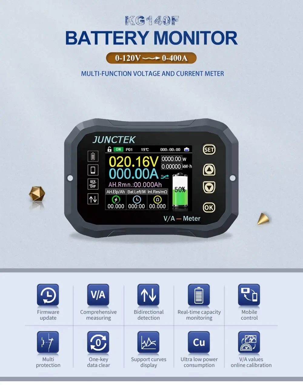 Monitor baterai Bluetooth KG140F DC 0-2. 120V 100A penguji baterai arus tegangan baterai Coulomb Meter alat indikator kapasitas