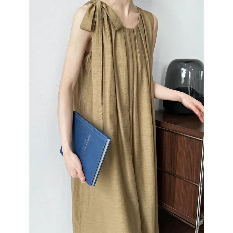 

French Loose Pleated Sleeveless Dress Female Summer Khaki Black A Line Holiday Style Korea Chic Casual Basic Women Long Dress