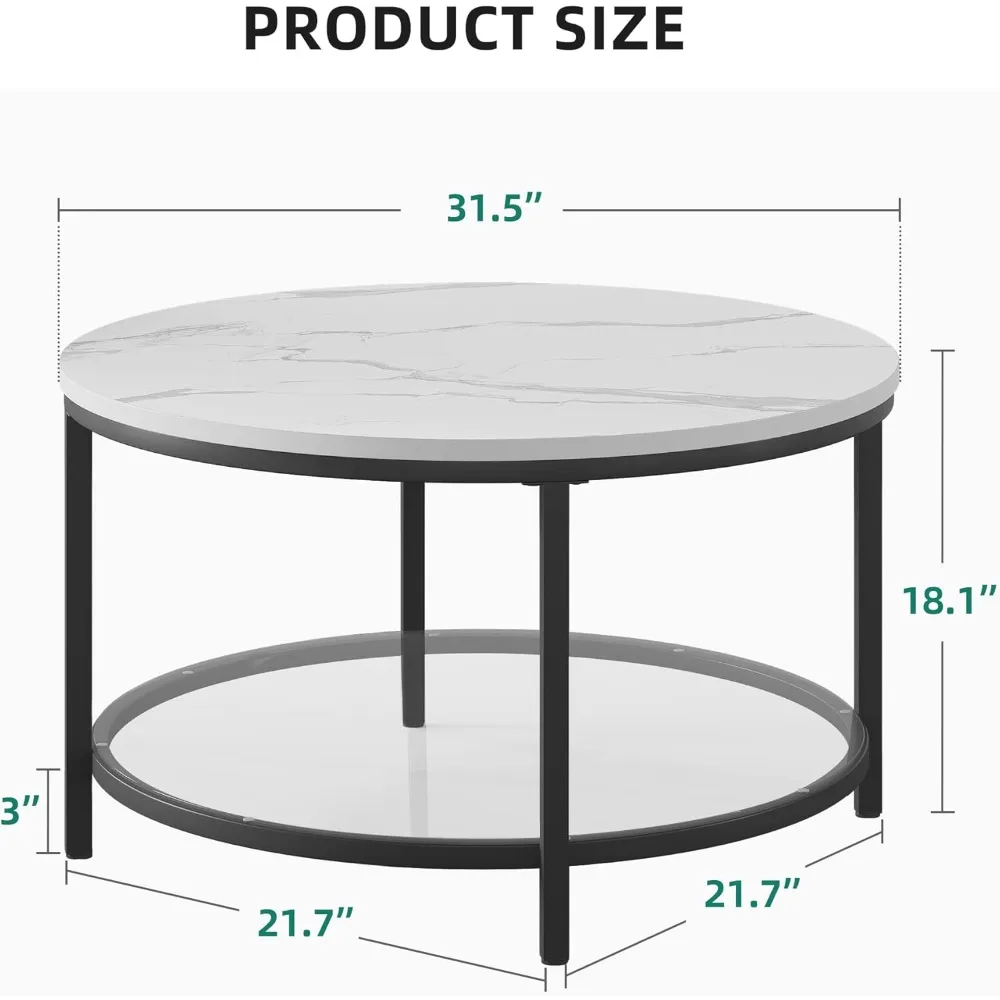 Мраморный Круглый Журнальный столик со стеклом для гостиной, 2-Ярусный круглый журнальный столик с прозрачным журнальным столиком для хранения