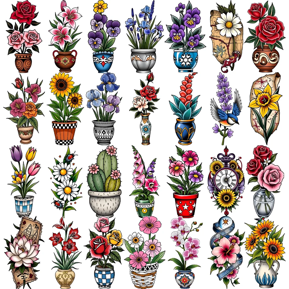 

28pcs Temporary Tattoo Cactus New School Traditional Sunflowers Orchids Temporary Tattoo Stickers Daisies For Chest Men