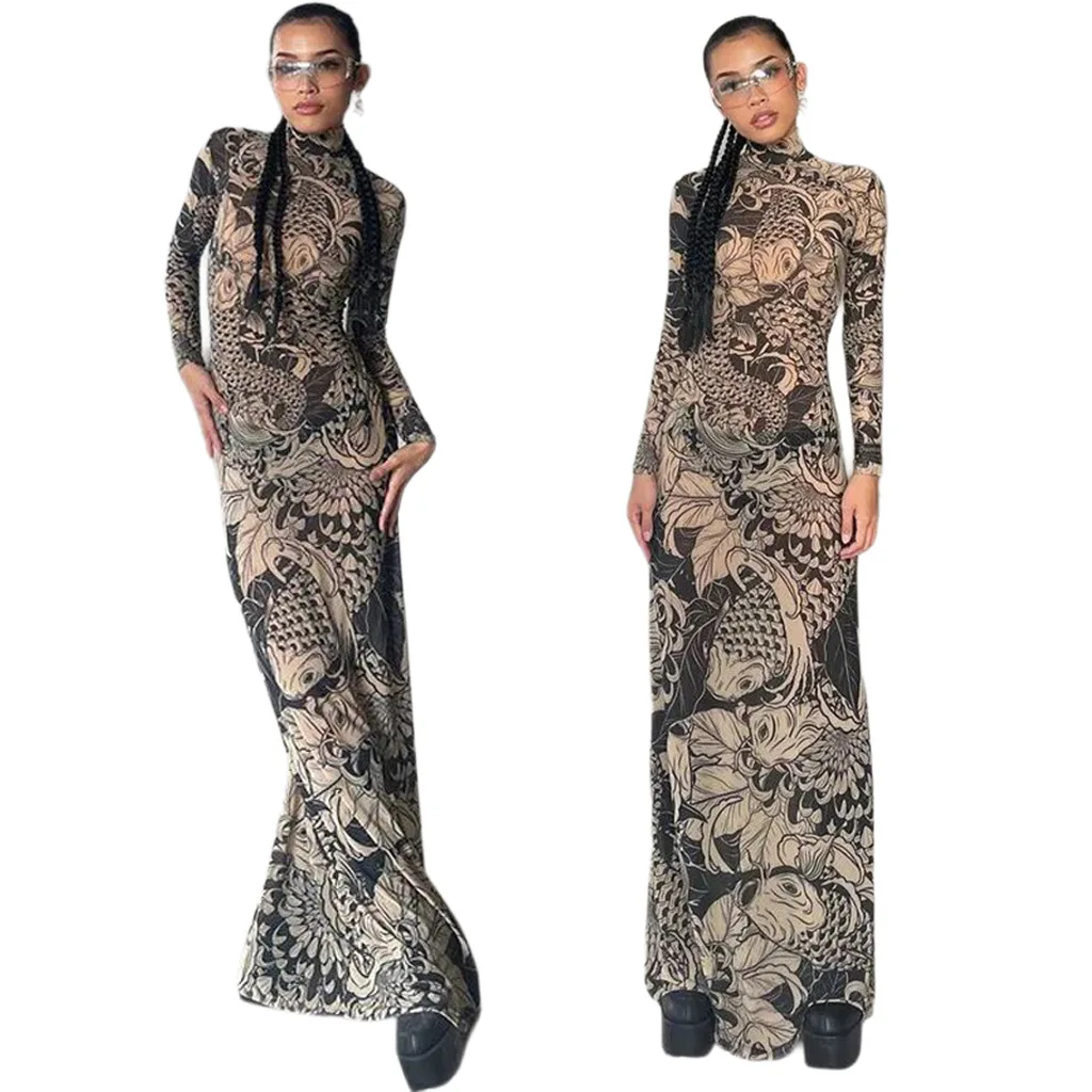 Women Dress Print Full Sleeve Slim Fit Sexy Dresses Turtleneck Splice Tight Waist Long Vestidos Ladies High Street Slight Strech