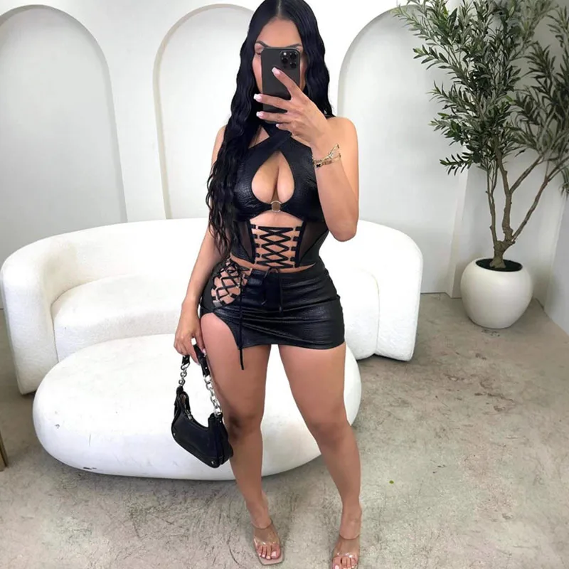 

Сексуальный комплект из двух предметов для женщин: топ-халтер с вырезами и мини-юбка на шнуровке, идеально подходящий для дня рождения, вечеринок и клубов.