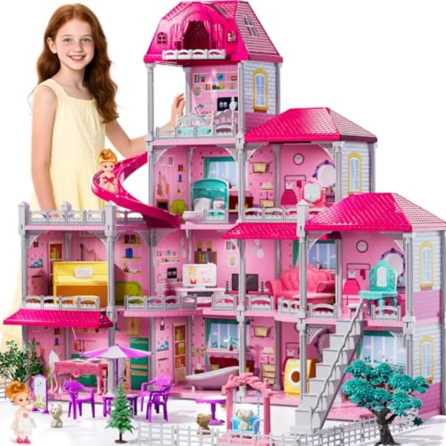 Indoor villa playset for girls ages 3-7, plastic construction, pastel pink and white, 4 storeys with 11 rooms, includes 2 dolls