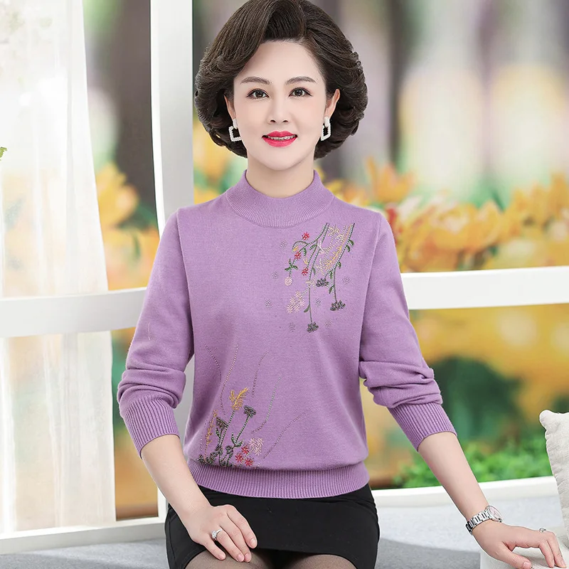 

knitted New Woman Clothing Printed Woolen Middle Aged Mother Knitwear Top Autumn Winter Women's Sweater Pullover Blouse Female
