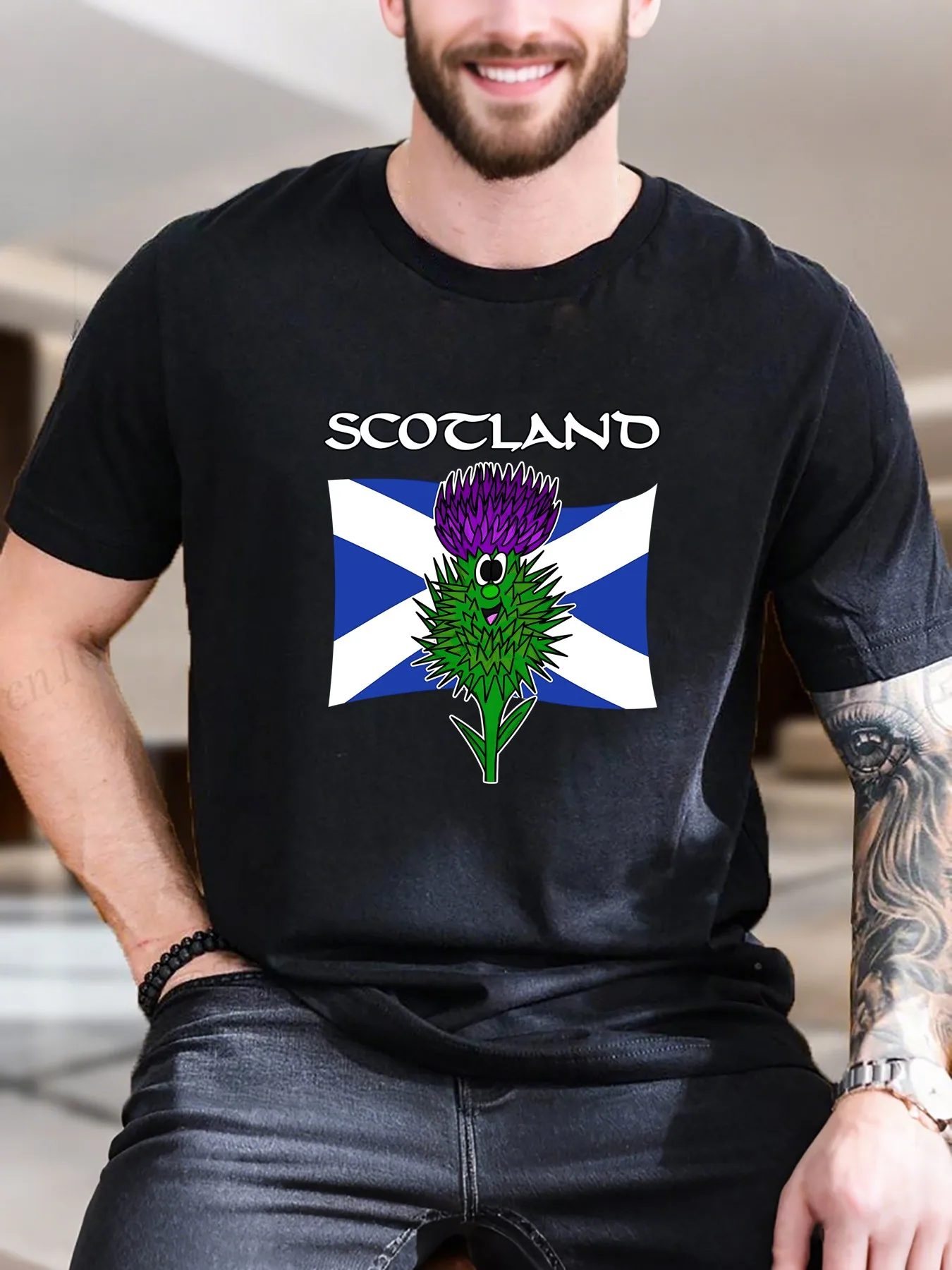 

New Arrival Fashion Men's Scottish Thistle Print T-Shirt 100% Cotton Breathable Tee with Scottish Flag Text Design Casual Comfort