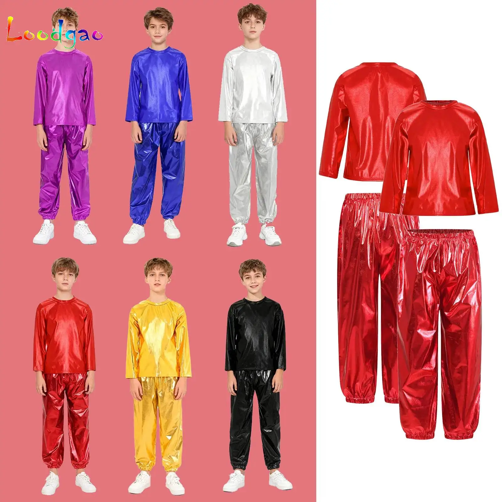 

Kids Dance Party Sets Girls Boys Jazz Modern Hip Hop Performance Costume Round Neck Metallic Shiny T-shirt with Pants