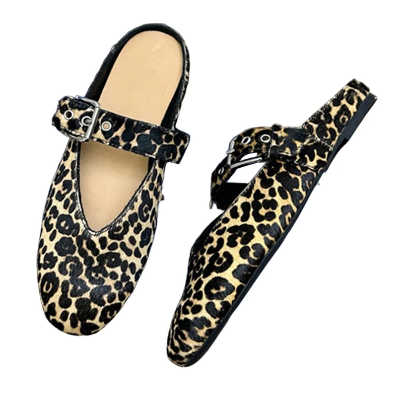 

Withered French Retro Mule Slippers Shoes Women Sheepskin Leopard Print Round Toe Flat Shoes Casual Commuting Loafers Women