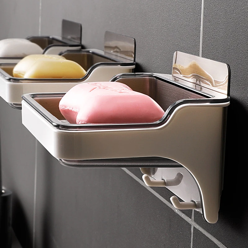 Perforation-Free Wall Mounted Drainable Soap Box Toilet Creative Soap Rack Double Layer Soap Rack With Hook