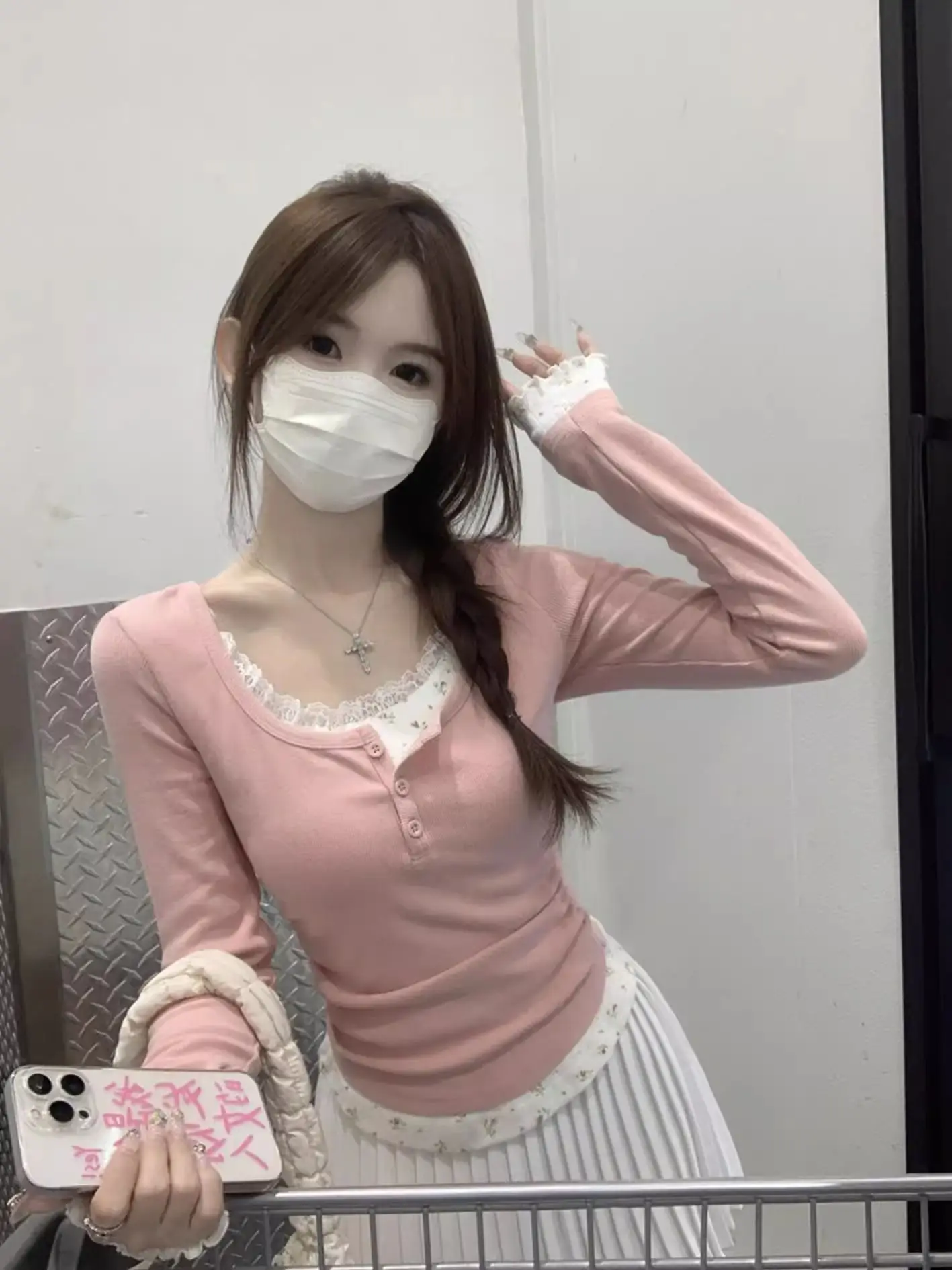 Lace Splice Long Sleeve T-Shirt Women's Spring Autumn Slimming Base Layer Shirt Casual Style High Waist Design Button Closure