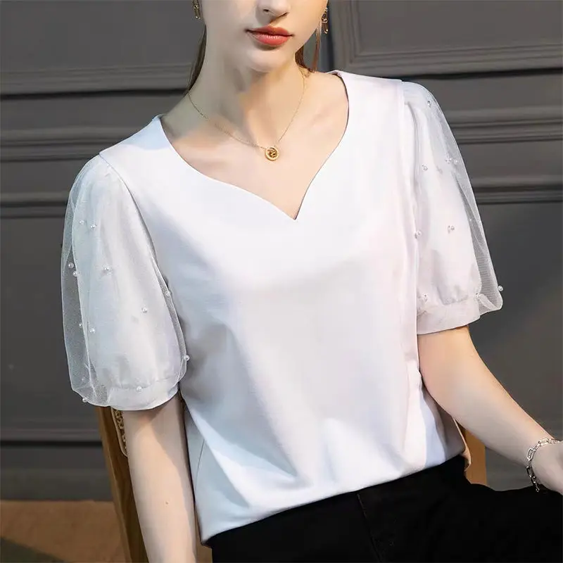 Chic Pearl Beading Peach Heart V-Neck Shirt Office Lady Stylish Summer Sweet Puff Sleeve Basic Solid Color Gauze Spliced Blouse