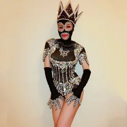 Sexy Nightclub Bar Women Singer Concert Stage Wear Beads Rhinestones Bodysuit Pearl Gloves Headgear Rave Outfits Dance Costume