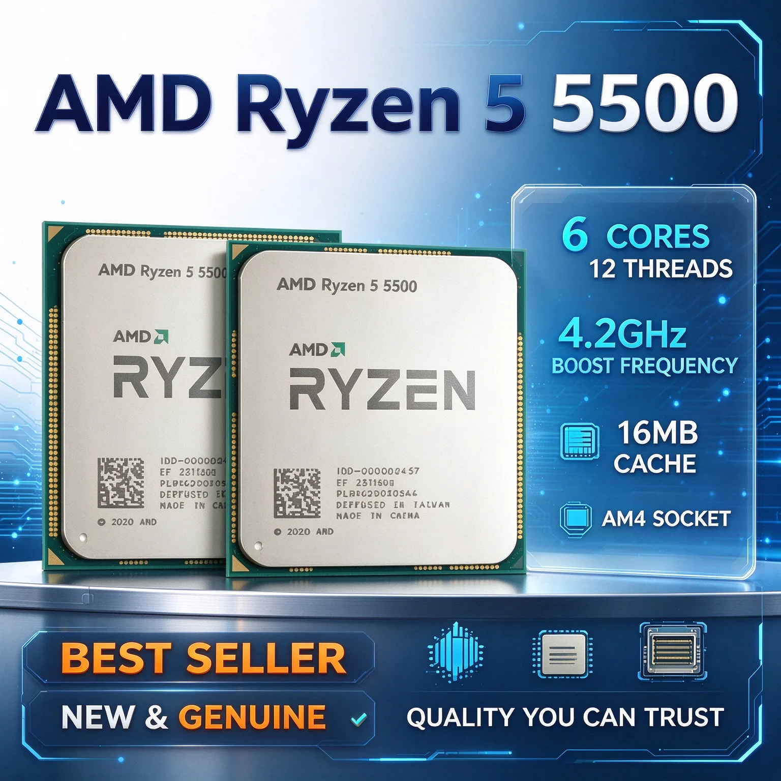 AMD Ryzen 5 5500 AM4 CPU 6 Cores 12 Threads 4.2GHz Boost Frequency 16MB L3 65W TDP Processor Without Fan Cooler
