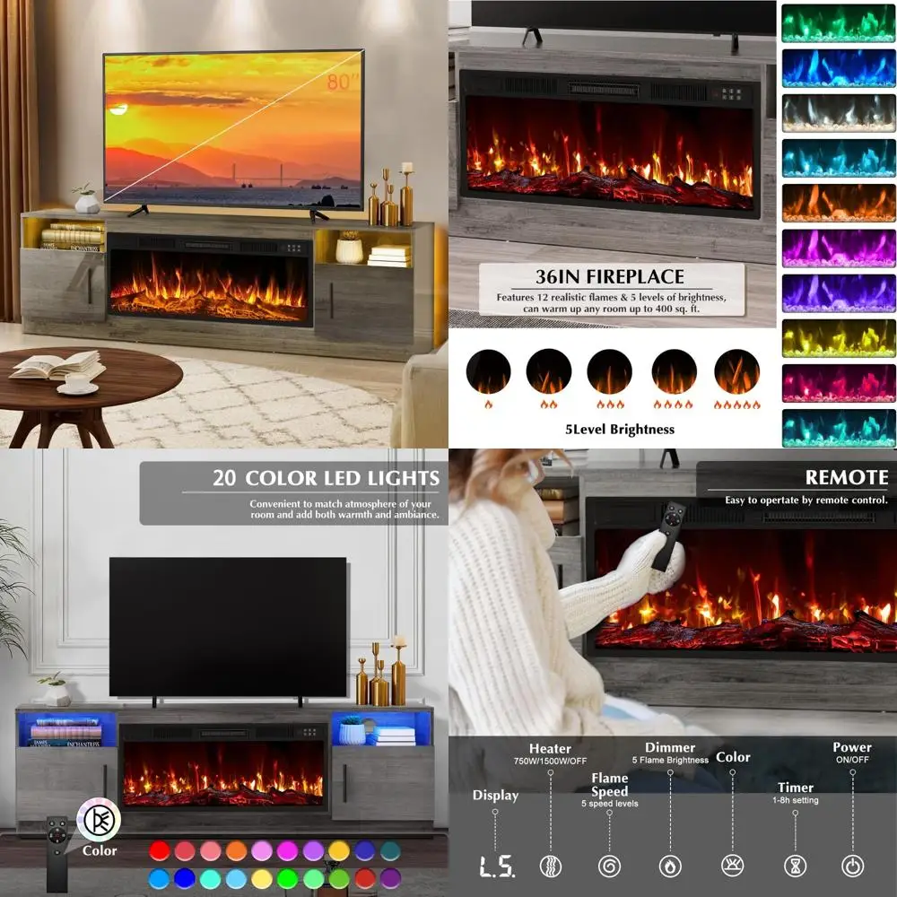 حامل تلفزيون ليمبري مدفأة مع مدفأة 36 بوصة حتى 80 تلفزيونًا، ومركز ترفيه وتخزين بإضاءة LED، و70 وسائط خشبية حديثة #1