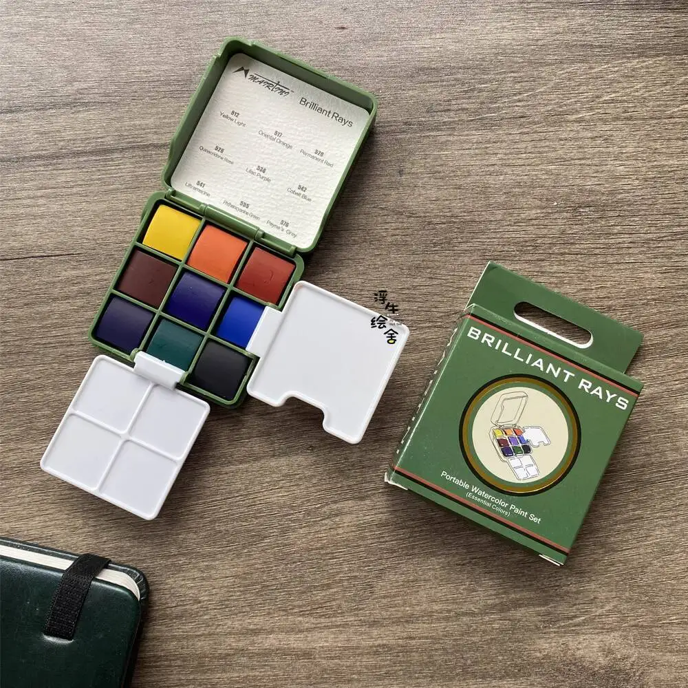 Mairtini Light 9 Colors Nine Colors Travel Solid Watercolor Paint Set Portable Travel Journal Box Small Green Box