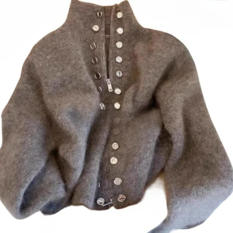 

Grey Heavy Industry Double-breasted Stand-up Neck Sweater Jacket Women Autumn Thickened High-end Lazy Zipper Knitted Sweater Top