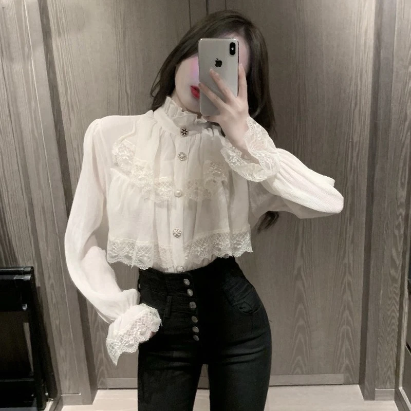 Elegant Lace Women Blouse Fashion Fashion Korean White Chiffon Office Ladies Shirts Stand Neck Ruffles Spring Female Tops New