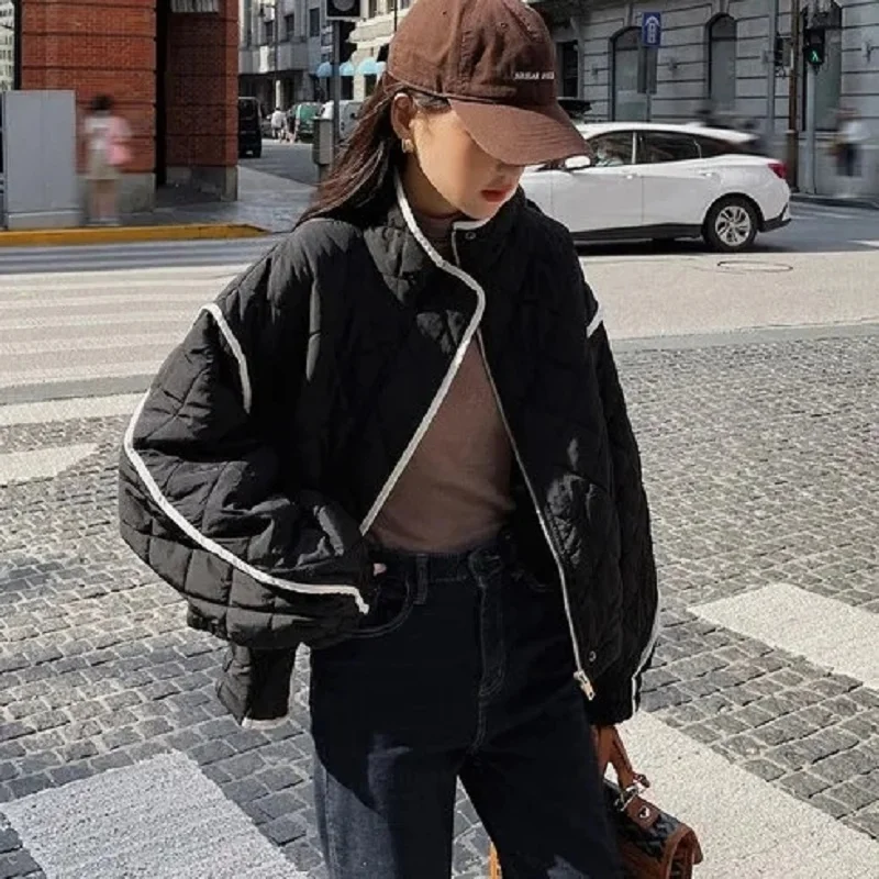 겨울 뉴 다운 코튼 자켓 루즈 한 통근자 스플 라이스 캐주얼 파카 여성 작은 향기 긴 소매 패딩 코트상의