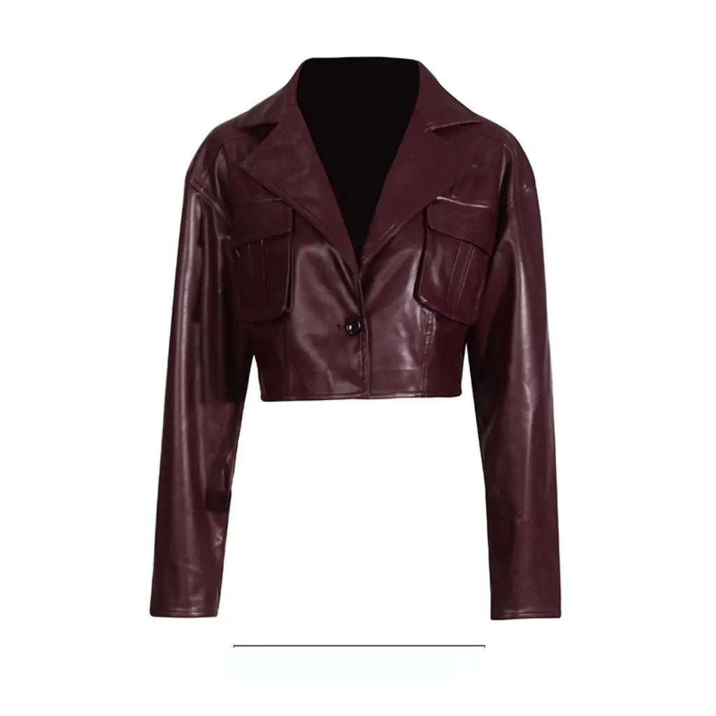 แจ็คเก็ตหนัง PU ทรงสั้น ปกใหญ่ สไตล์ยุโรปอเมริกัน สำหรับผู้หญิง ดีไซน์กระเป๋าต่อผ้า  แฟชั่นใหม่ล่าสุดสำหรับฤดูร้อน