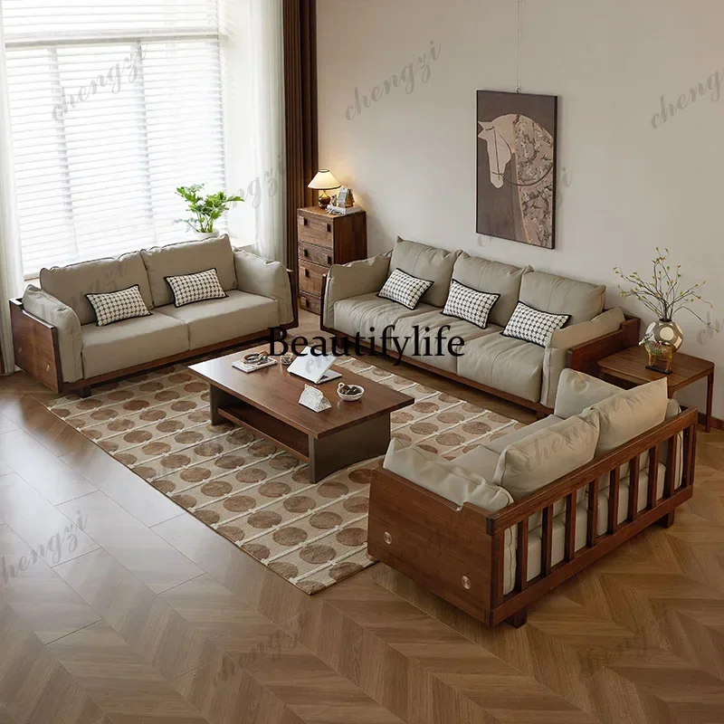 D8000    Straight row sofa Nordic style living room solid wood leather sofa modern simple small apartment