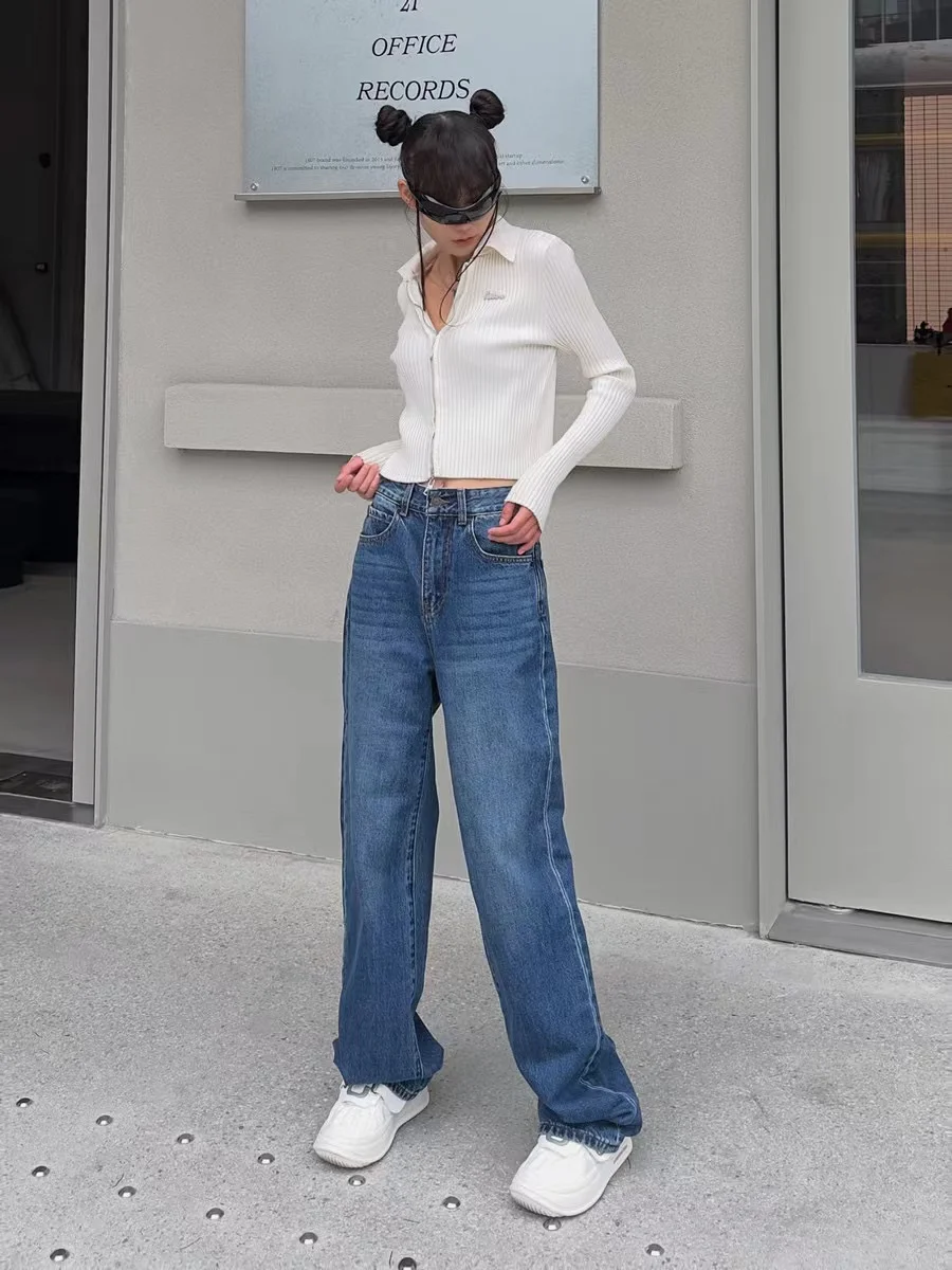 

Fall 2023 High Waist Wide Leg Straight Cut Jeans Women's Slimming Loose Fit Floor Length Trousers Elegant Chic Denim Pants