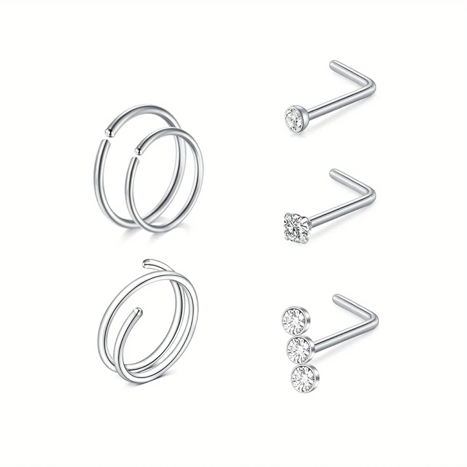 6Pcs Elegant Cute Body Piercing Screws 20G Stainless Steel Nose Rings Set Double Hoops L-Shape CZ Nose Screws Jewelry for Daily image 2
