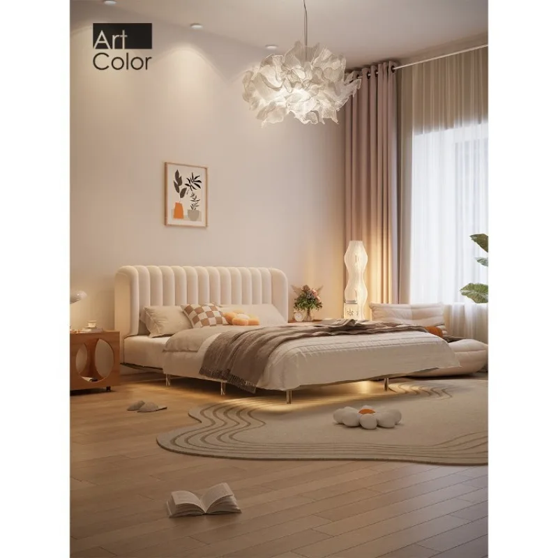 New carbon steel cream wind flush edge environmental protection bed light luxury modern simple French fabric bed master bedroom
