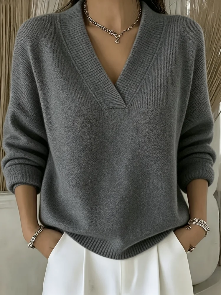 Europäische und amerikanische Plus-Size-Damenbekleidung, Herbst- und Winter-High-End-eleganter, lässiger, weicher Pullover mit V-Ausschnitt für Damen – Detail 9