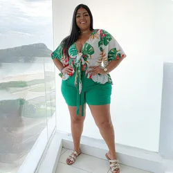 Plus Size Floral Print Two Piece Short Set Women Loose Outfit 2023 Summer Female Cloth Casual Crop Top Large Size Matching Sets