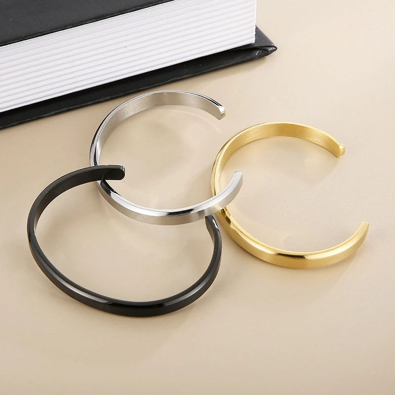 OUYADI Men Stainless Steel C‑Shape Open Cuff Bangle, 6mm Brushed Matte Finish, With Free Custom Engraving