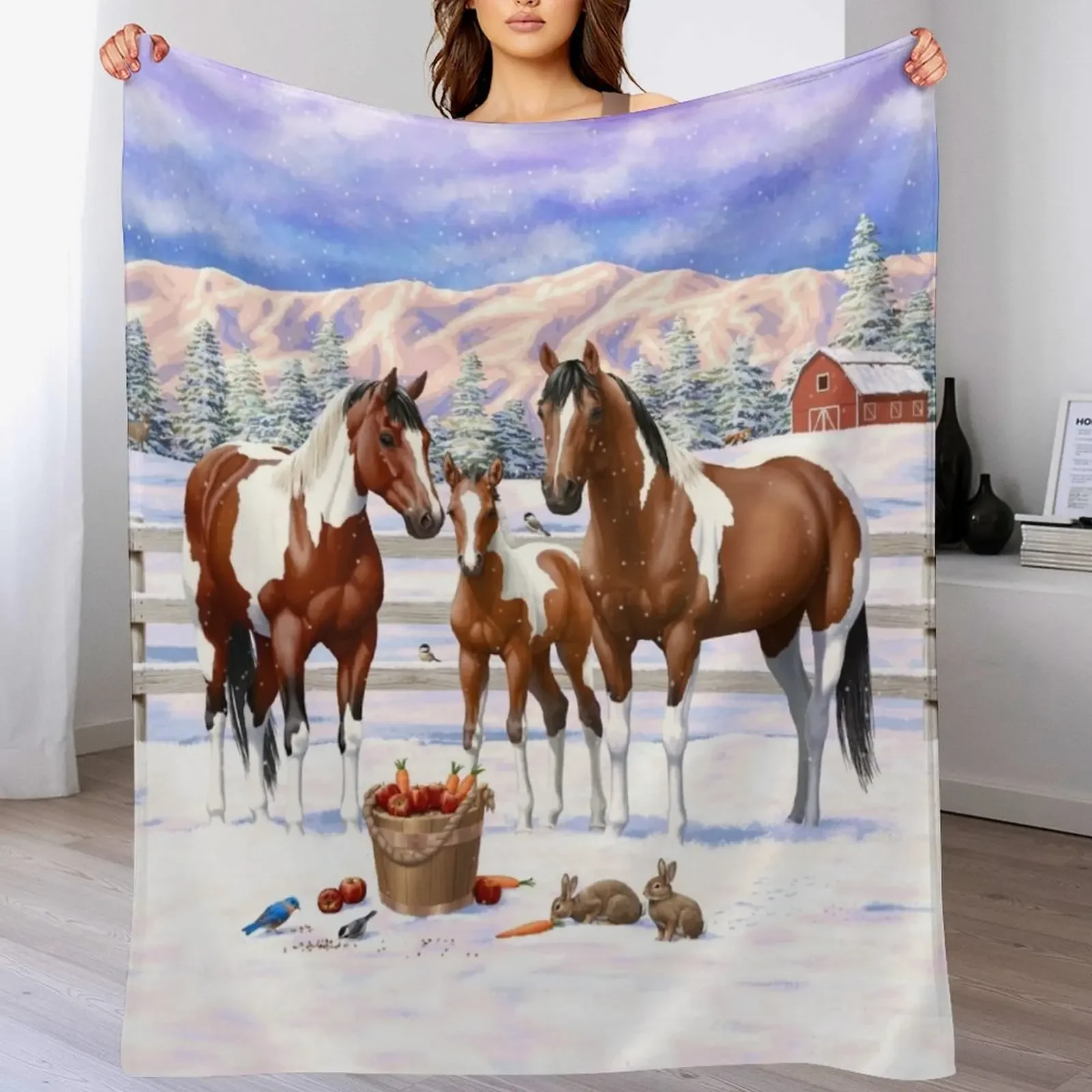 

Bay Pinto Paint Quarter Horses In Winter Snow Throw Blanket Moving Luxury Brand Shaggy Multi-Purpose Blankets