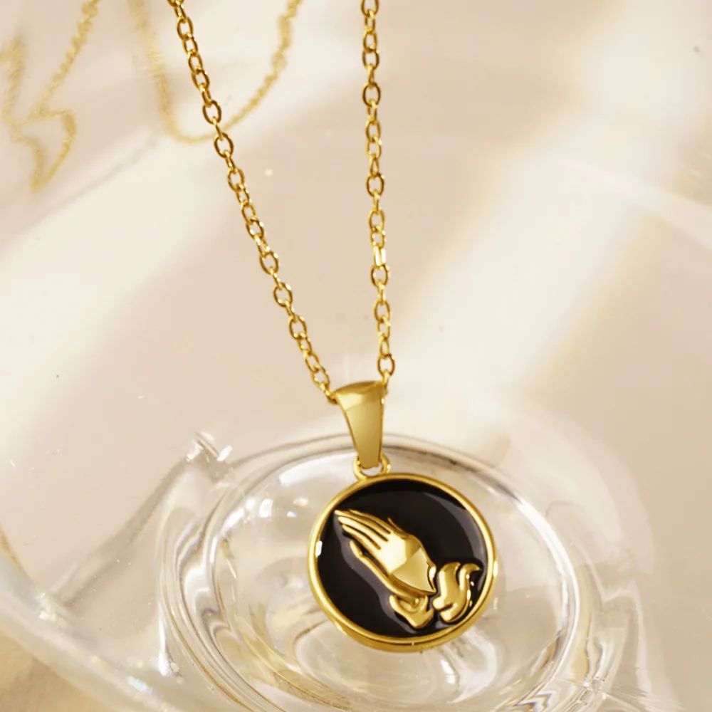 Stainless Steel Gold Plated Bible Verse Prayer Necklace Christian Jewelry Gold Hands Coin Medal Pendant