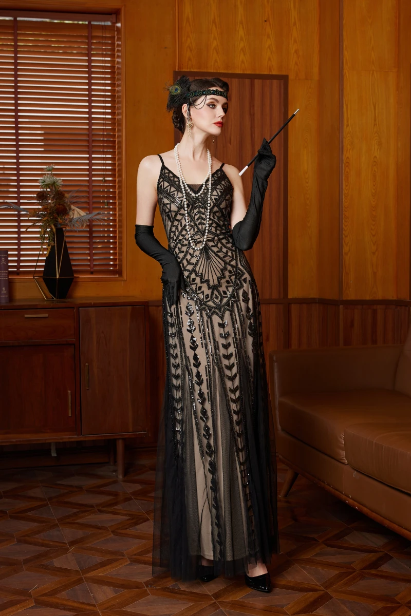 فستان ماكسي بحزام سباغيتي مزين بالترتر من غاتسبي - فستان رسمي مطرز باللون الأسود للحفلات المسائية #5