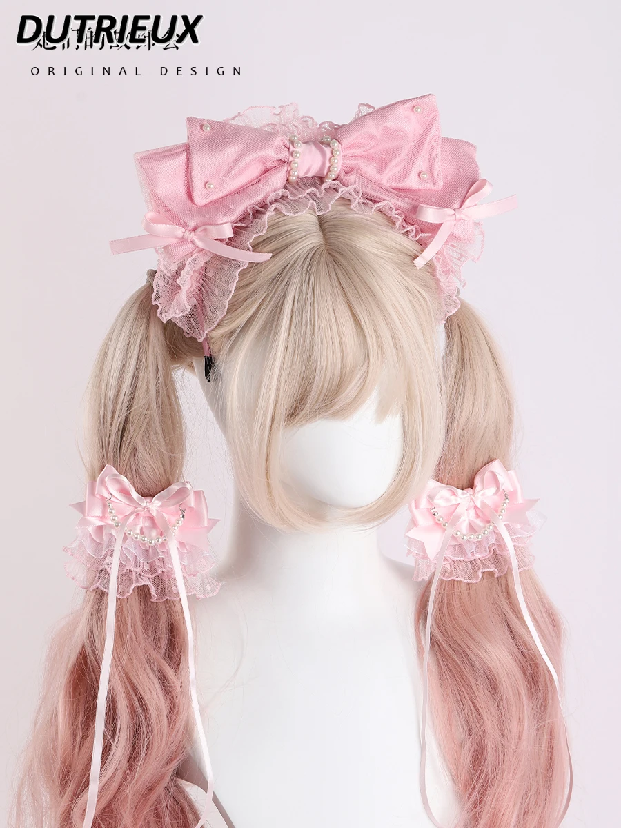 Japanese Style Original Lolita Pink Hair Accessories Top Hat Headband Sweet Cute Girl Bow Hairpin Hand Sleeve Headband