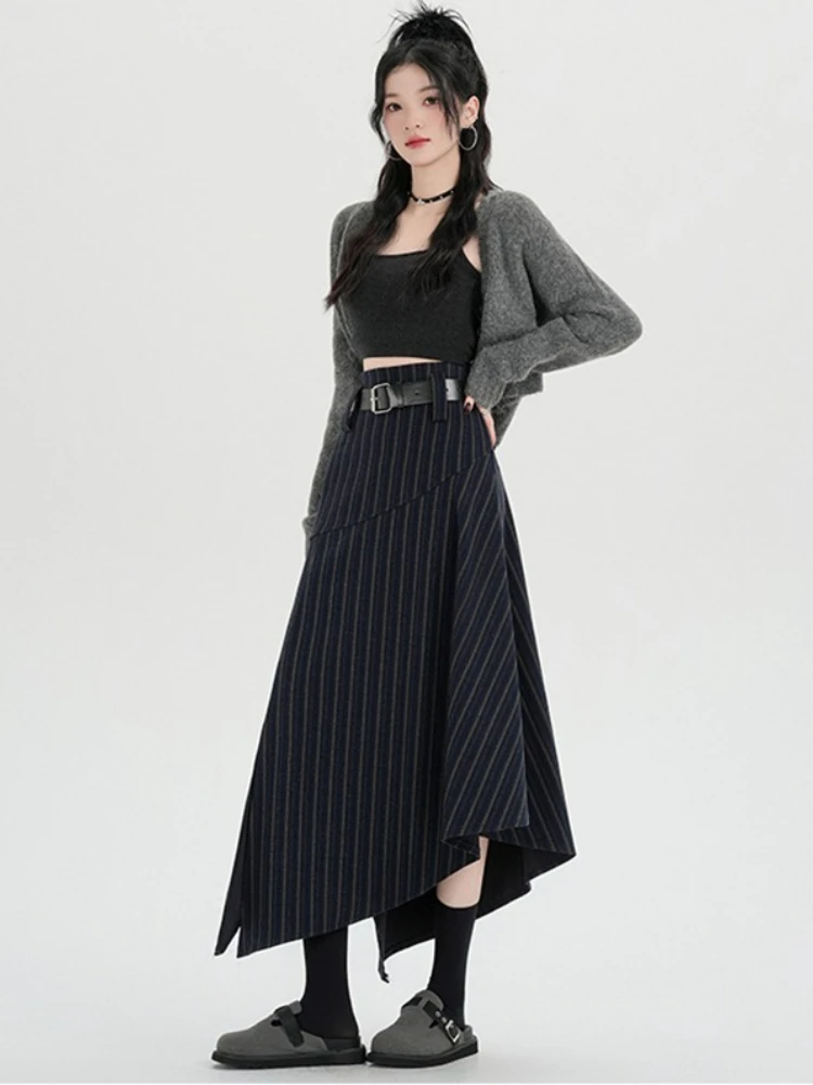 Onregelmatige retro gestreepte wollen rok voor dames in herfst en winter, modieus temperament, A-lijn halve rok met hoge taille