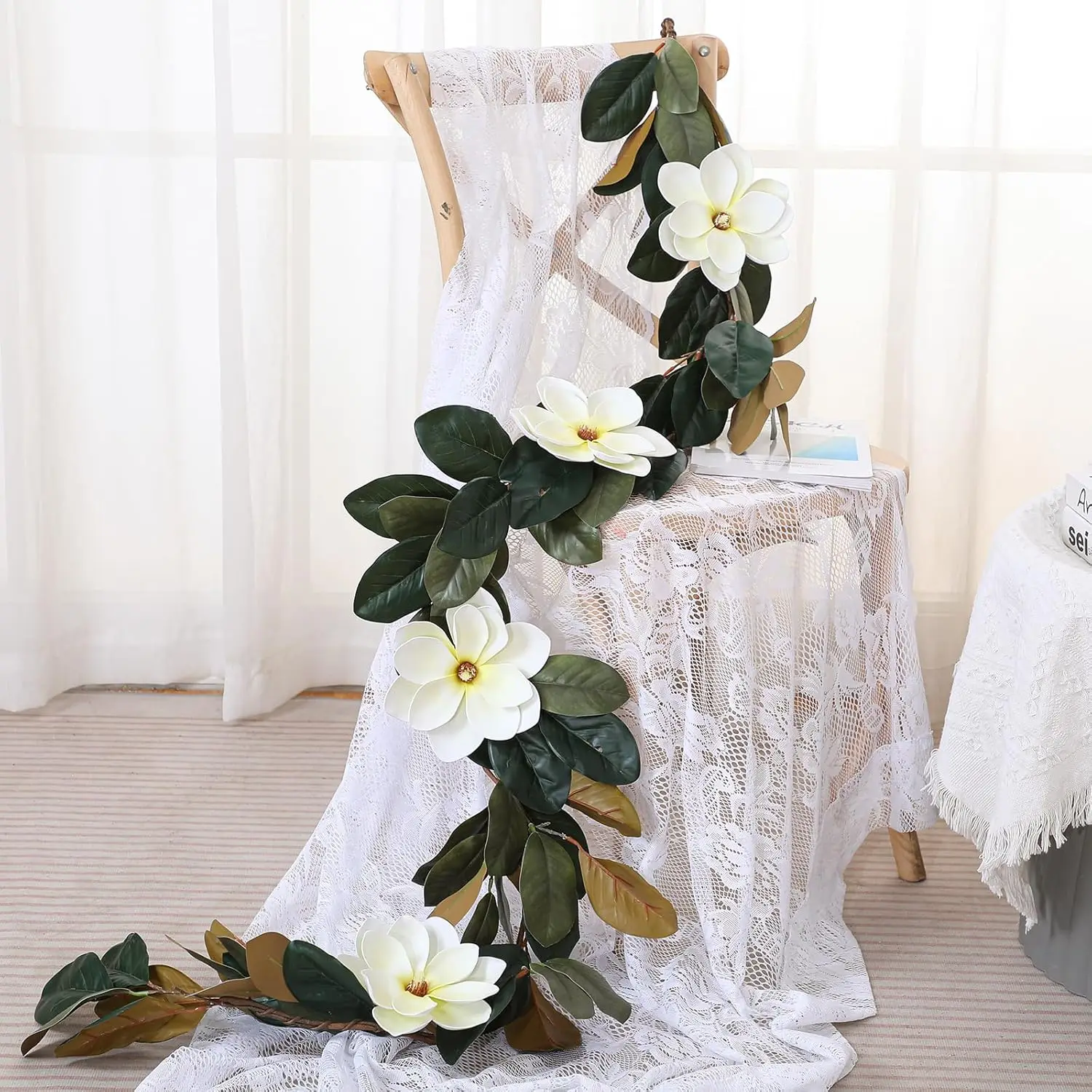 

6.6 FT Artificial Magnolia Garland for Indoor Outdoor Decor - Perfect for Mantle, Fireplace, Table, and Wedding Arch