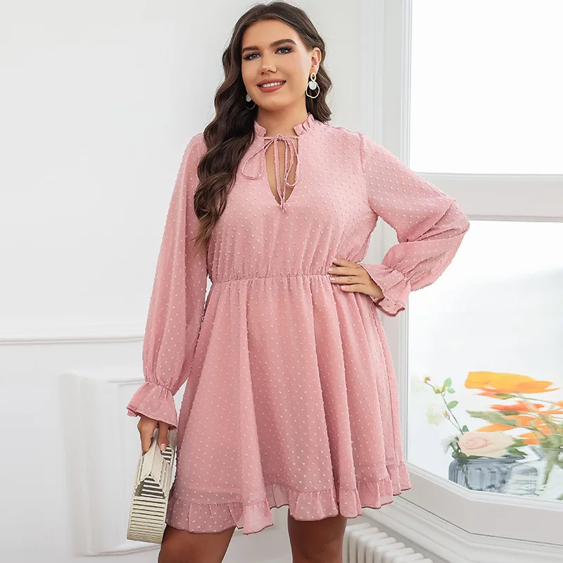 

Plus Size Women's Pink Solid Dress Fashion V Neck Loose Dress Long Sleeve Oversized Clothing Knee Length High Waist