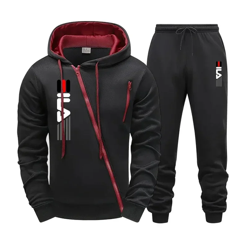 Men's zippered hooded sweatshirt + sweatpants 2-piece gym set for autumn and winter outdoor casual fitness jogging fashion