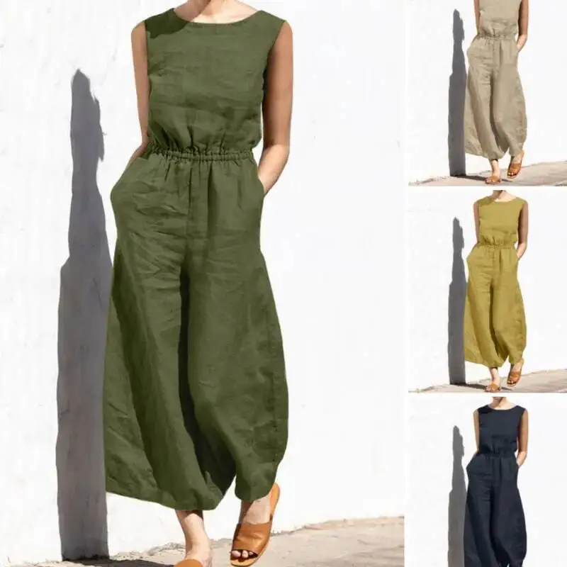 女性ファッションワイドレッグパンツジャンプスーツ夏カジュアル固体 O ネックノースリーブポケット遊び着レディースルーズボヘミアンワンピースパンツ