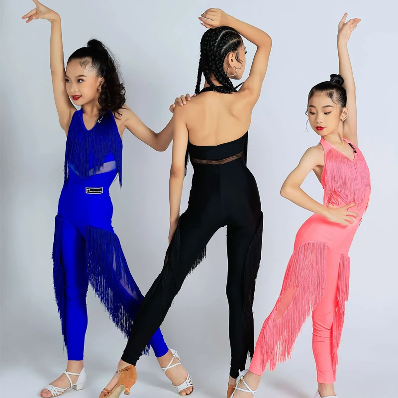 

Summer Full Fringed Latin Dance Clothes Girls Halter Latin Top Tassles Pants Kids Stage Performance Dancing Costume SL9793