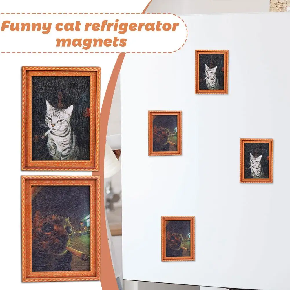 Lustiger rauchender Katzen-Kühlschrankmagnet, Vintage Holz-Fotorahmen Magnetsticker, 3D Kühlschrankmagnet Heim- und Raumdekoration Geschenk – Detail 3