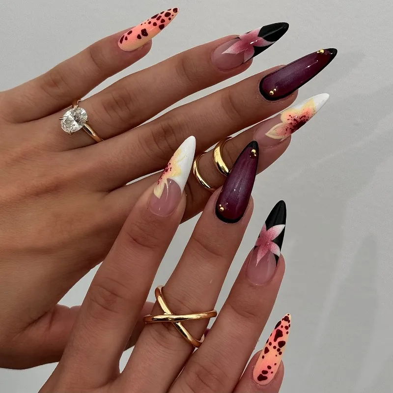 

24PCS Almond False Nails Flower Press on Nails French Black White Edge Pink Leopard Print Fake Nails Sweet Cool Style Manicure