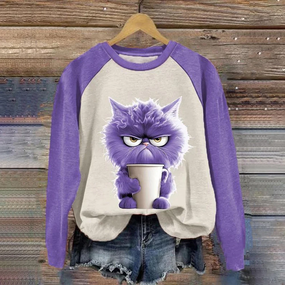 Women O-Neck Tops Funny Cute Cat Art Print Casual Cotton Hoodie Sweatshirt Kawaii Animals Pattern Pullover Female Clothing