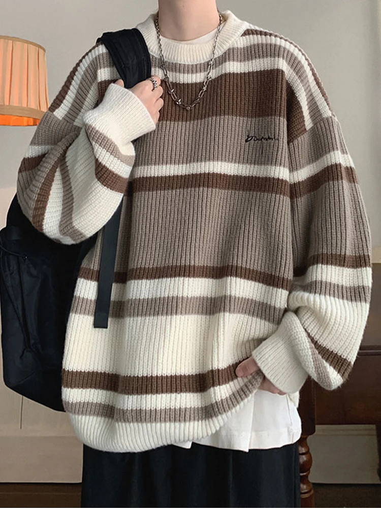 Striped Sweater Women Winter Embroidered Knitted Sweater Men Oversized Loose Contrast Color Pullover Retro Casual Jumpers Couple