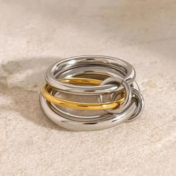 טבעת אצבע מפלדת אל-חלד בעלת שלושה מעגלים וצלבים בצבעים שונים לנשים במחיר סיטונאי PVD איכותי