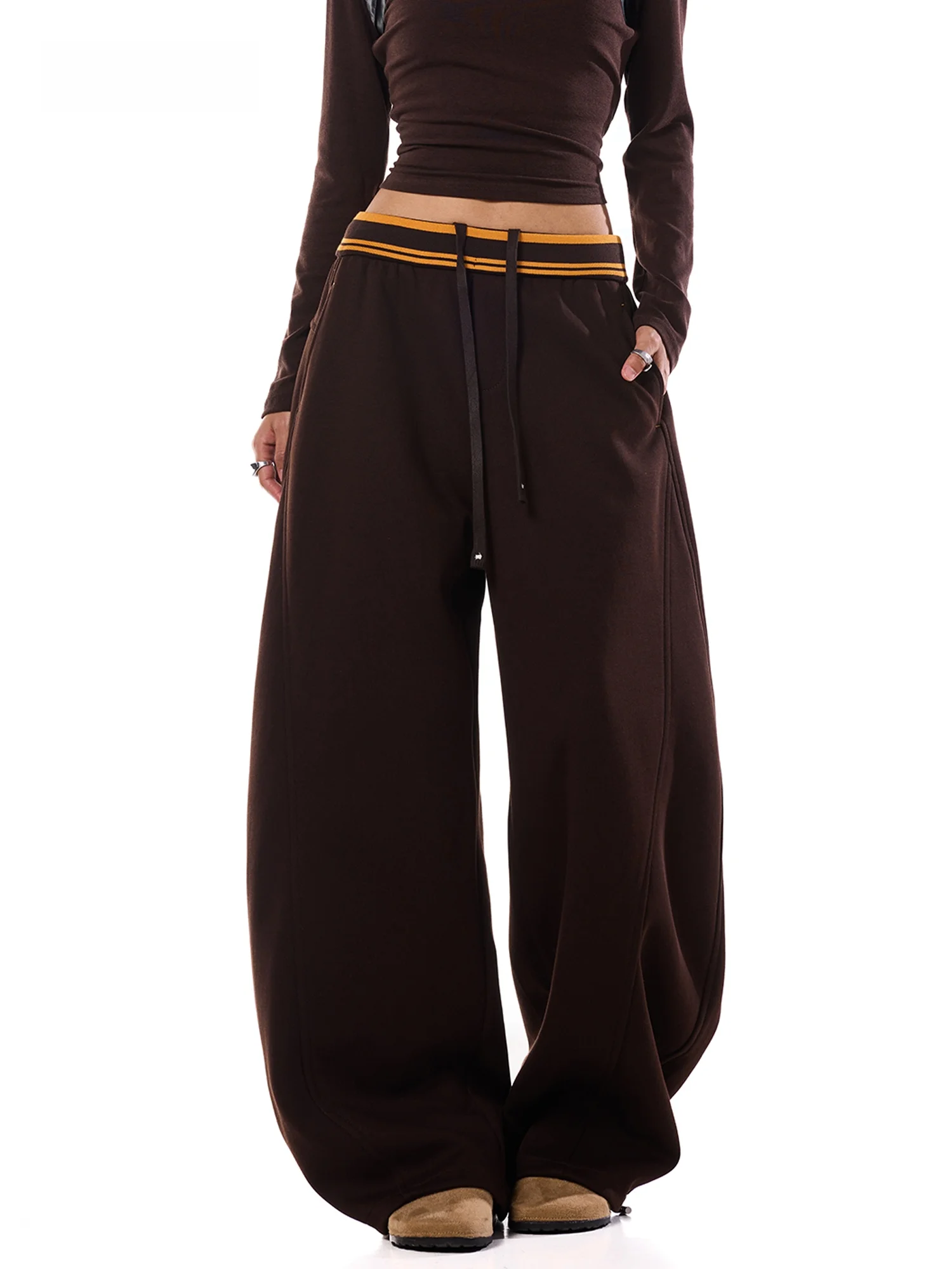 Casual Stripe Wide Leg Pants Women's Loose High Waist Sweatpants Autumn New Style Coffee Color Block Harlan Pants Knitted Cotton