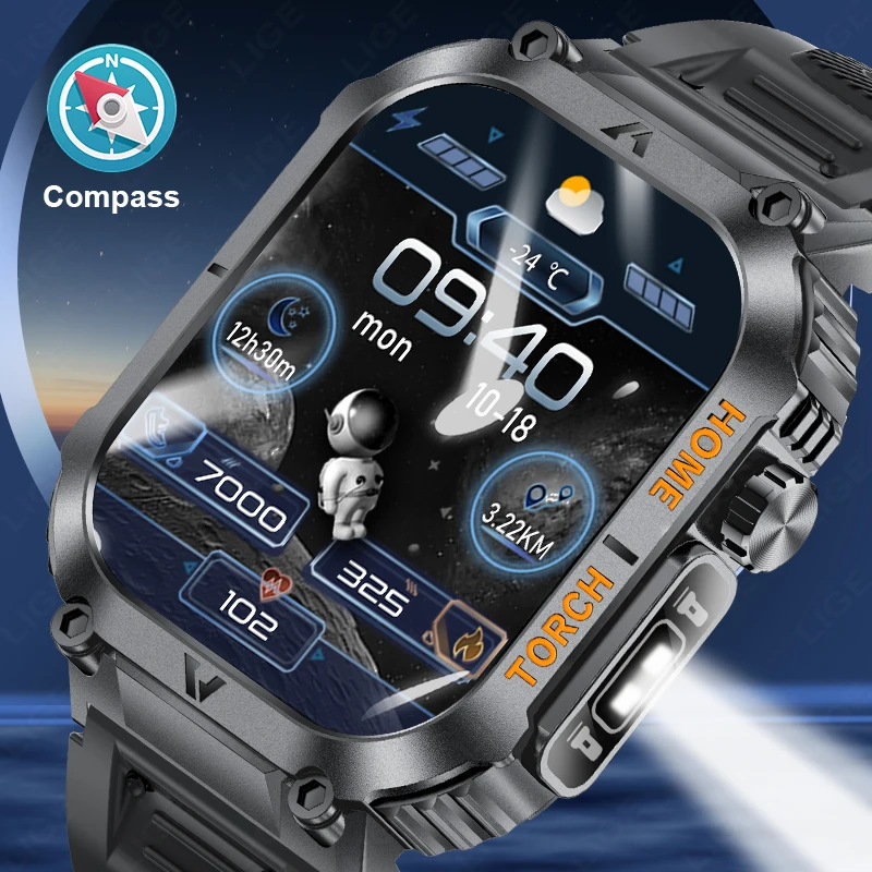 

LIGE LED Flashlight Smartwatch For Men Compass Sport Waterproof Watch Blood Pressure Monitoring Bluetooth Call Smart Watch Men