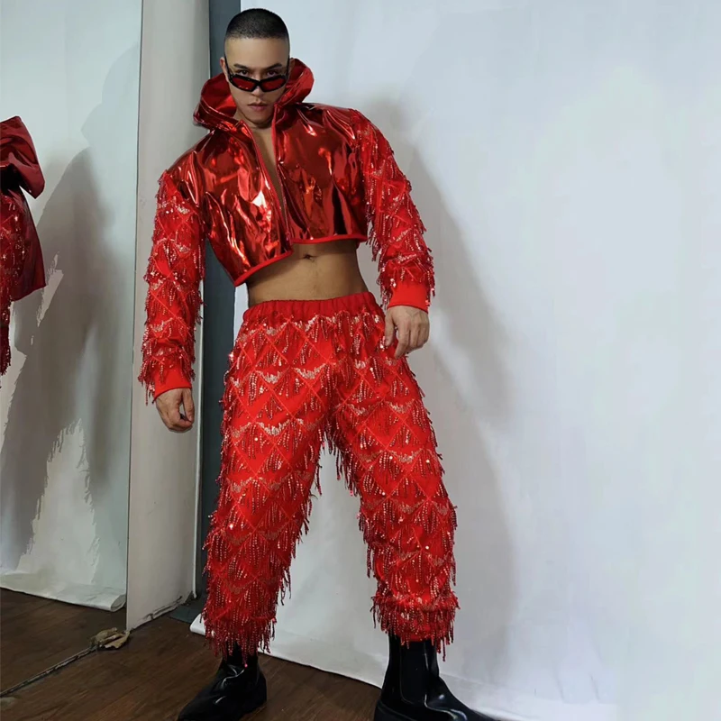 Red Silver Laser Jacket Sequins Pants Men Singer DJ DS Jazz Dance Clothing Sexy Gogo Costumes Nightclub Male Rave Outfit XS7013